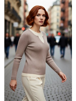 PayBuy Kadın Bej Fitted Fitilli Triko Kazak Ince Yapılı Çift Katman Görünümlü Ilkbahar Sonbahar Için Ideal