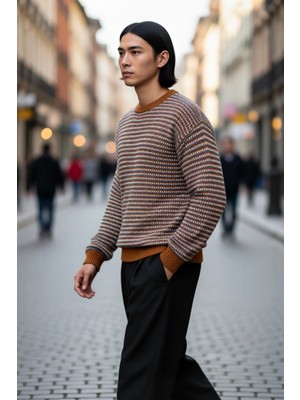 PayBuy Erkek Regular Kalıp Bisiklet Yaka Çizgili Triko Kazak Kış Sezonu Için Mükemmel Rahatlık ve Şıklık