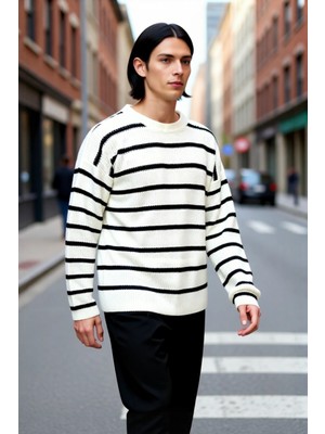 PayBuy Erkek Oversize Bisiklet Yaka Çizgili Selanik Dokuma Kalın Akrilik Kışlık Kazak Konforlu Stil