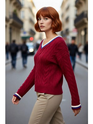 PayBuy Kadın Kolej Stil Saç Örgülü V Yaka Triko Kazak Regular Kalıp Rahat Şık Günlük Kombinler Için