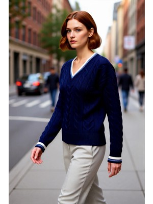 PayBuy Kadın Kolej Stil Saç Örgülü V Yaka Triko Kazak Regular Kalıp Rahat Şık Günlük Kombinler Için