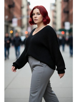 PayBuy Büyük Beden Kadın V Yaka Düz Selanik Dokuma Kalın Akrilik Triko Kazak Kış Şıklığı Için Ideal