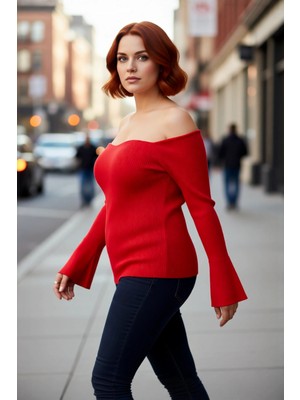 PayBuy Kadın Şık Fitted Carmen Yaka Fitilli Triko Kazak Düz Desen Uzun Reglan Kol Bodycone Siluet