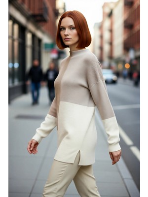 PayBuy Kadın Relaxed Kalıp Dik Yaka Renk Bloklu Triko Kazak Kış Günleri Için Konforlu ve Şık Seçim