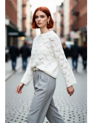 PayBuy Kadın Oversize Ajurlu Bisiklet Yaka Triko Kazak Kış ve Sonbahar Günlük Kombinler Için Ideal