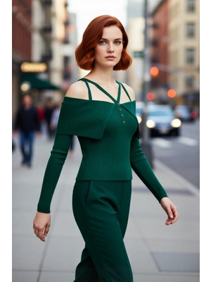 PayBuy Kadın Carmen Yaka Fitilli Fitted Triko Kazak Modern Şıklık Sunan Uzun Kollu Gündüz Gece Giyimi