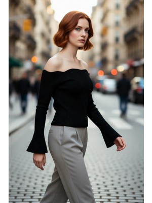 PayBuy Kadın Carmen Yaka Fitted Akrilik Triko Bluz Uzun Reglan Kollu Fitilli Dokuma Ilkbahar Sonbahar