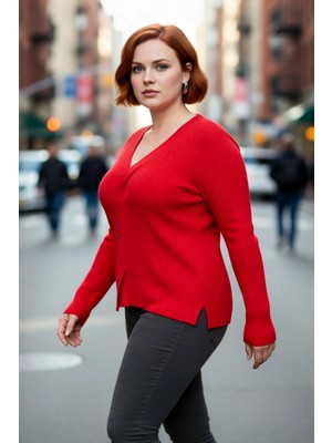 PayBuy Kadın Fitilli V Yaka Düğüm Detaylı Akrilik Triko Kazak Şık ve Modern Günlük Kombinler Için