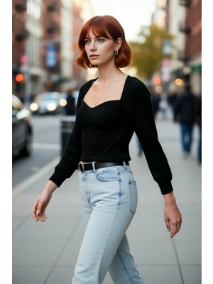 PayBuy Kadın Regular Kalıp Uzun Kollu Crop Kahverengi Kalp Yaka Fitilli Akrilik Triko Kazak Günlük Şıklık