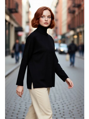 PayBuy Kadın Oversize Balıkçı Yaka Düşük Kol Akrilik Triko Kazak Kış Sezonu Için Uzun Basic Model