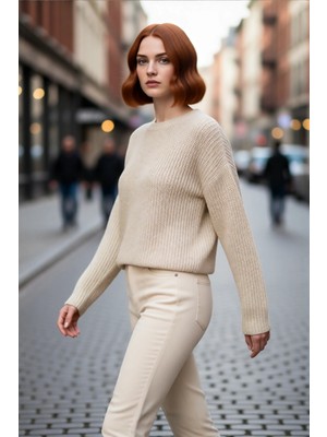 PayBuy Kadın Oversize Bisiklet Yaka Çizgili Crop Triko Kazak Düşük Kollu Rahat Kışlık Kombinler Için