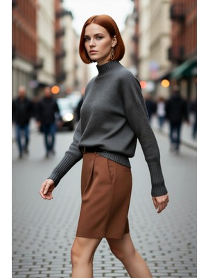 PayBuy Kadın Oversize Kesim Dik Yaka Reglan Kol Düz Gri Triko Kazak Kışlık Günlük Giyim Için Ideal Seçim