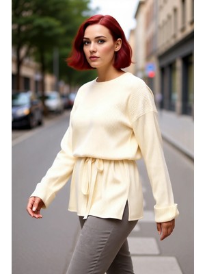 PayBuy Kadın Relaxed Kalıp Beli Kuşaklı Bisiklet Yaka Uzun Düz Fitilli Triko Kazak Günlük Kullanım Için