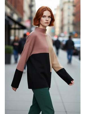 PayBuy Kadın Relaxed Kalıp Dik Yaka Renk Bloklu Triko Kazak Kış Günleri Için Konforlu ve Şık Seçim