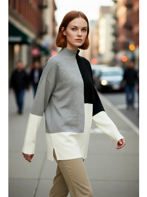 PayBuy Kadın Relaxed Kalıp Dik Yaka Renk Bloklu Triko Kazak Kış Günleri Için Konforlu ve Şık Seçim