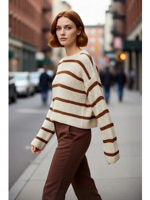 PayBuy Kadın Oversize Bisiklet Yaka Çizgili Crop Triko Kazak Düşük Kollu Rahat Kışlık Kombinler Için