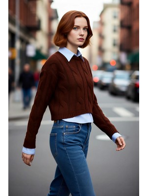 PayBuy Kadınlara Özel Regular Kesim Saç Örgü Desenli Düşük Kollu Crop Triko Kazak Akrilik Konforu Sunuyor