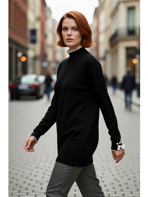 PayBuy Kadın Regular Kalıp Bisiklet Yaka Düşük Kol Dantel Inci Detaylı Triko Pike Dokuma Tunik Kazak Modeli