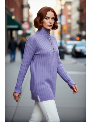 PayBuy Kadın Ekru Relaxed Fit Düğmeli Yaka Düşük Kol Triko Kazak Kış Günleri Için Ideal Şıklık Kaliteli