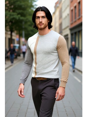 PayBuy Erkekler Için Fitted Kalıp Bisiklet Yaka Renk Bloklu Uzun Kollu Basic Dokulu Triko Kazak Kaliteli