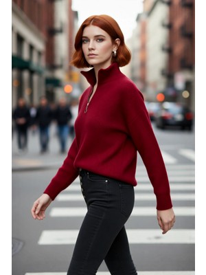 PayBuy Kadın Oversize Düşük Kol Fermuarlı Dik Yaka Triko Selanik Örgü Basic Uzun Kollu Kazak Kaliteli