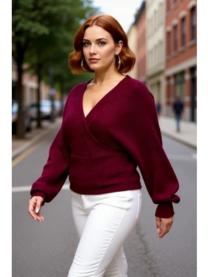 PayBuy Kadın Kruvaze V Yaka Bağlamalı Arkası Açık Triko Kazak Yarasa Kol Düz Selanik Dokuma Kışlık