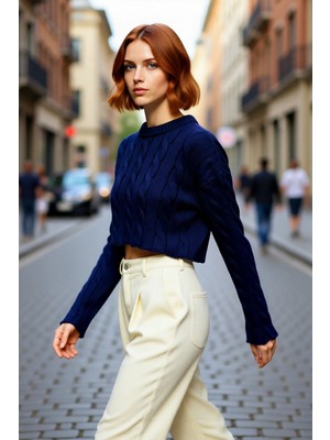 PayBuy Kadın Ekru Regular Kalıp Süper Crop Saç Örgü Bisiklet Yaka Uzun Kollu Akrilik Triko Kazak Modeli