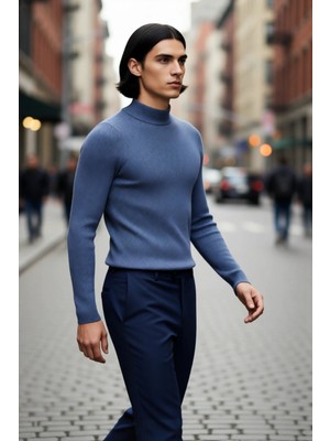 PayBuy Erkek Fitted Dar Kalıp Dik Yaka Uzun Kol Fitilli Triko Kazak Kış Günleri Için Şık ve Rahat Seçim