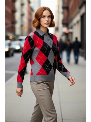 PayBuy Kadın Baklava Desenli Polo Yaka Regular Kalıp Triko Kazak Kışlık Şıklığın Rahat ve Modern Seçimi