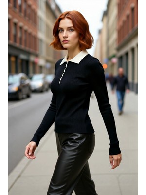 PayBuy Kadın Fitted Polo Yaka Uzun Kollu Triko Kazak Fitilli Desenli Şık Günlük Modern Kışlık Tasarım