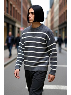 PayBuy Erkek Oversize Bisiklet Yaka Çizgili Selanik Dokuma Kalın Akrilik Kışlık Kazak Konforlu Stil