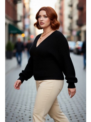 PayBuy Kadın Kruvaze V Yaka Bağlamalı Arkası Açık Triko Kazak Yarasa Kol Düz Selanik Dokuma Kışlık