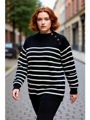 PayBuy Kadın Siyah Çizgili Gold Düğme Detaylı Şardon Akrilik Bisiklet Yaka Triko Kazak Kışlık Günlük Giyim