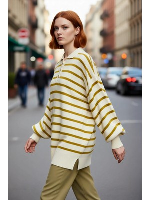PayBuy Kadın Relaxed Kesim Çizgili Polo Yaka Düşük Kol Kışlık Triko Kazak Günlük Şıklık Kaliteli Şık