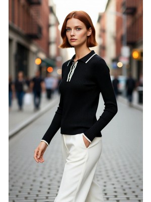 PayBuy Kadın Polo Yaka Renk Bloklu Fitted Triko Kazak Şıklığı ve Konforu Birleştiren Standart Kol
