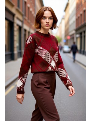 PayBuy Kadın Oversize Baklava Desenli Düşük Kol Bisiklet Yaka Triko Crop Kazak Kış Sezonu Için Ideal