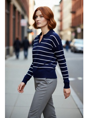 PayBuy Kadın Lacivert Çizgili Polo Yaka Uzun Düşük Kol Akrilik Triko Kazak Regular Kalıp Günlük Kaliteli