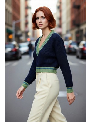 PayBuy Kadın Oversize V Yaka Renk Bloklu Triko Kazak Soğuk Havalar Için Basic Crop Uzun Kol Stil.