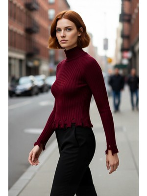 PayBuy Kadın Fitted Kesim Crop Dik Yaka Uzun Reglan Kollu Fitilli Triko Kazak Soğuk Havalar Için Şık ve