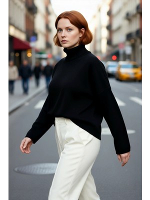 PayBuy Kadın Balıkçı Yaka Düşük Kollu Akrilik Triko Kazak Kış Günleri Için Rahat Geniş Kalıp Kaliteli