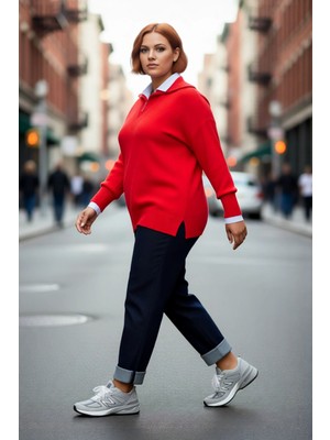 PayBuy Kadın Kırmızı Regular Kalıp Devrik Yaka Fermuarlı Triko Kazak Düşük Kol ve Düz Desenli Kışlık Şıklık