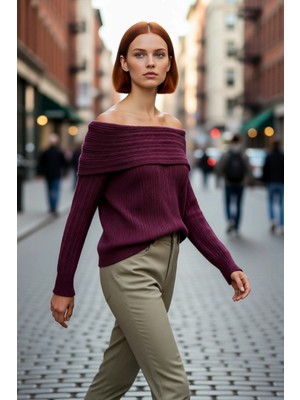 PayBuy Kadın Carmen Yaka Regular Kalıp Uzun Kollu Fitilli Triko Kazak Gündüz ve Gece Şıklığı Sunar