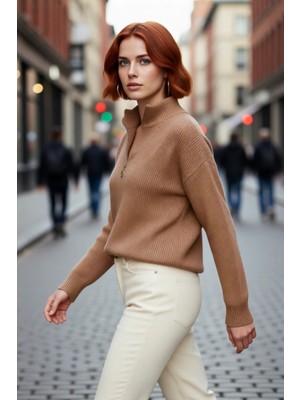 PayBuy Kadın Oversize Düşük Kol Fermuarlı Dik Yaka Triko Selanik Örgü Basic Uzun Kollu Kazak Kaliteli