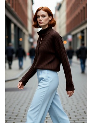 PayBuy Kadın Oversize Kesim Düşük Kol Dik Yaka Fitilli Triko Kazak Kışlık Rahat ve Şık Günlük Kombinler