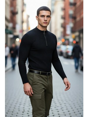 PayBuy Erkek Fitted Dik Yaka Fermuarlı Fitilli Triko Kazak Kış Sezonu Için Şık ve Rahat Pamuk Polyester