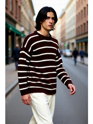 PayBuy Erkek Oversize Bisiklet Yaka Çizgili Selanik Dokuma Kalın Akrilik Kışlık Kazak Konforlu Stil