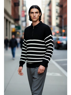 PayBuy Erkek Oversize Kalıp Lacivert Çizgili Polo Yaka Triko Kazak Kışlık Rahat Selanik Dokuma Akrilik