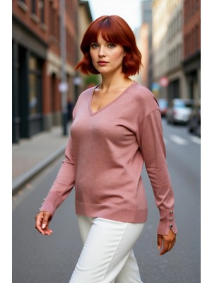 PayBuy Kadın V Yaka Düğme Detaylı Triko Kazak Günlük Şıklık ve Konfor Sunan Uzun Kollu Tasarım Kaliteli
