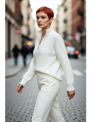 PayBuy Kadın Oversize Düşük Kol Fermuarlı Dik Yaka Triko Selanik Örgü Basic Uzun Kollu Kazak Kaliteli