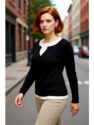 PayBuy Kadın Bej Fitted Fitilli Triko Kazak Ince Yapılı Çift Katman Görünümlü Ilkbahar Sonbahar Için Ideal